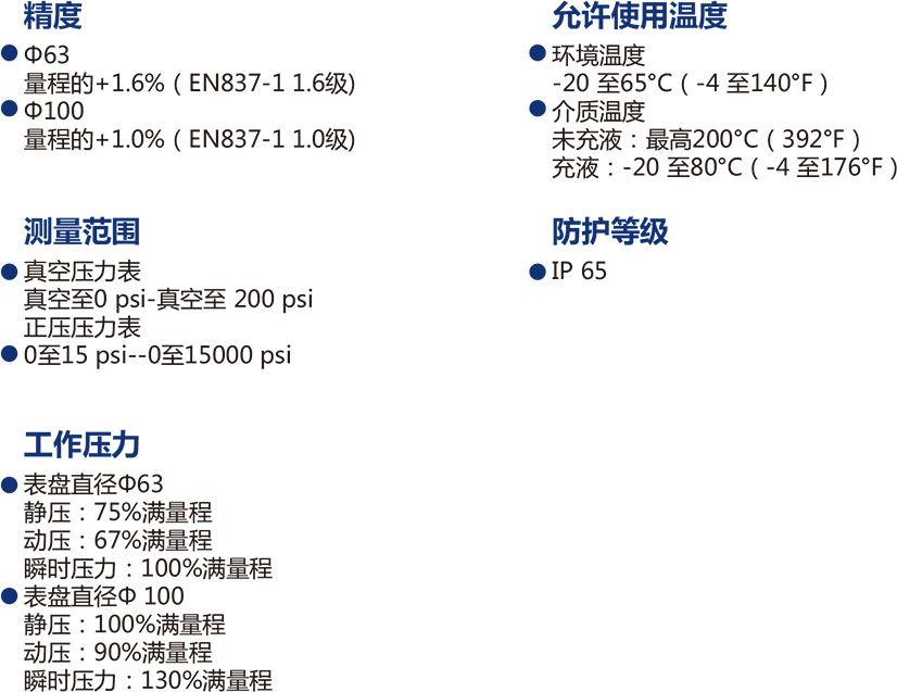PG系列不锈钢压力表技术参数