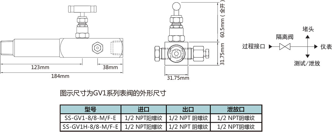 GV1系列压力表阀型号尺寸规格参数表二 GV1系列压力表阀型号尺寸规格参数表二
